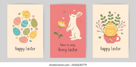 Hand drawn Easter Vertical backgrounds set. Trendy postcards with bunny and flowers in doodle style. Multicolored hand-drawn Eggs Hunt food for greeting cards or social media stories.