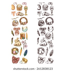 Hand drawn Easter vertical border with egg, bunny, chick, willow, bow and festive elements