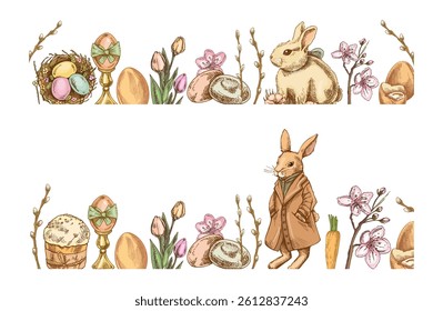 Hand drawn Easter vintage border with bunny, eggs, flowers, willow, sketch 