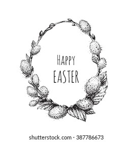 Hand drawn easter wreath with willow twigs, vector illustration