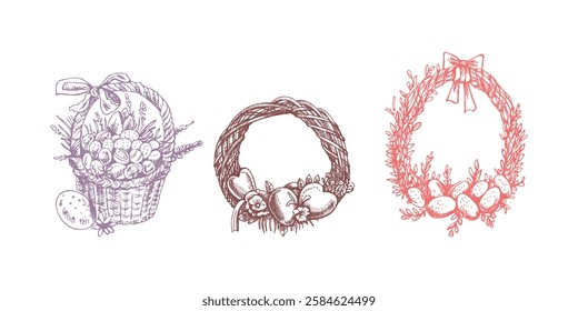 Hand drawn Easter wreaths and decorative basket with eggs and flowers in vintage style

