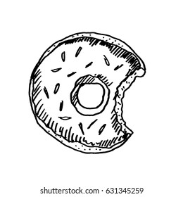 Hand drawn eaten donut isolated on white background. Sketch, vector illustration.