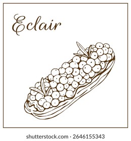 Eclair dibujado a mano con esmalte y grosellas, Imagen de Vector.