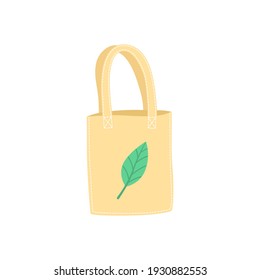 Hand drawn eco bag with green leaf isolated on white, use eco friendly bag or textile bag, don't use plastic bag. Modern vector illustration in a flat style.