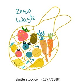 Hand drawn eco bag with vegetables and fruits and text Zero Waste. Isolated modern illustration in flat design.