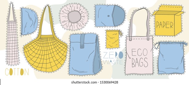 Hand drawn Eco bags nature set. Zero waste.Cotton and paper ecology.Vector illustration.