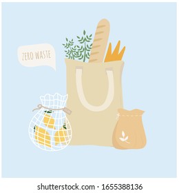 Hand drawn eco bags with products of zero waste life. No to plastic bags. Caring for the environment. Food and lifestyle concept flat design. Creative food designs for fabric, wrapping, wallpaper