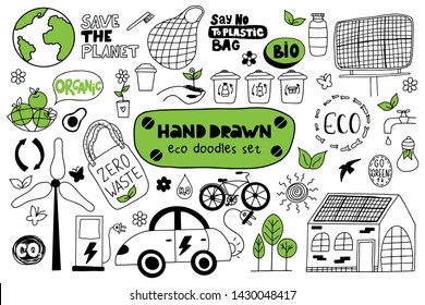 Hand drawn eco doodles set on a white background. Set of eco bags, solar panels, windmill, electric car, bicycle, organic food, trash cans and flowers. Zero waste. Vector illustration. 