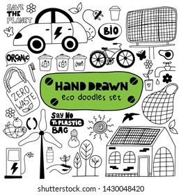 Hand drawn eco doodles set on a white background. Set of eco bag, solar panels, windmill, electric car, bicycle, organic food, trash cans and flowers. Zero waste. Vector illustration.  