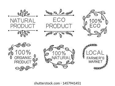 Hand drawn eco farmer's market labels set isolated on white background, black drawings collection, natural organic products, healthy eating concept.