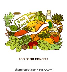  Hand drawn eco food concept with colorful vegetables fruits milk and vegetable oil  bottles vector illustration