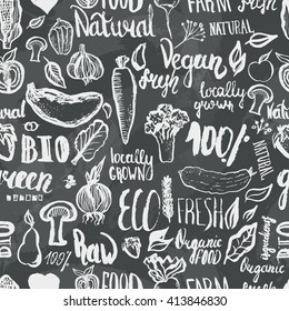 Hand drawn eco food seamless pattern with lettering for organic, bio, natural, vegan, food on dark background