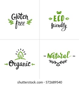 Hand drawn Eco friendly lettering for restaurant, cafe menu. Elements for labels, logos, badges, stickers or icons. Calligraphic and typographic collection. Natural, organic, vegan food.