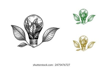 Hand drawn Eco friendly lightbulb from fresh leaves, concept of Renewable Energy and Sustainable Living,