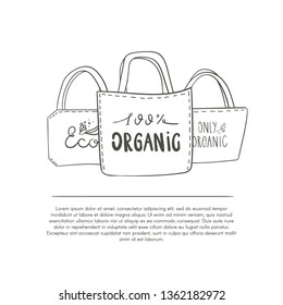 Hand drawn eco friendly shopping bags.Go green, no plastic. Vector template with place for your text.