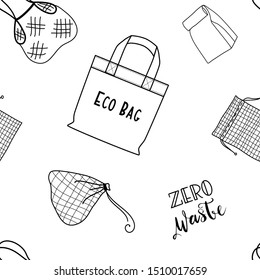 Hand Drawn Eco Grocery Shopping Bags Collection Seamless Pattern. Black Doodle line Art Vector Illustration. No Plastic, Zero waste, Eco Friendly , Plastic Bag Free Concept.