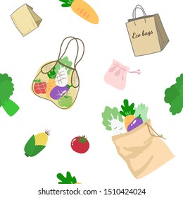 Hand Drawn Eco Grocery Shopping Bags Collection Full with Vegetable Seamless Pattern. Flat Cartoon Vector Illustration. No Plastic, Zero waste, Eco Friendly , Plastic Bag Free Concept.
