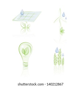 Hand drawn eco icons, lightbulb, solar panel, wind turbine and wheat plant