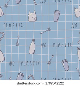  Handgezeichnete Öko-Lebensstruktur. Flacher Vektorhintergrund mit doodlen wiederverwendbaren Produkten. Geh grün, kein Plastik, rette den Planeten.