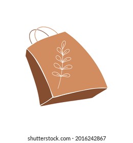 Hand drawn eco paper bag from craft paper, grocery store purchases, farmer market concept. Fresh fruits, vegetables buying. Ecology friendly shopping. Vector illustration