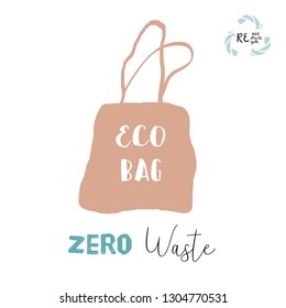 Hand drawn eco paper or textile bag illustration of zero waste concept. No plastic