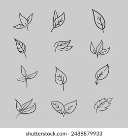 hand drawn eco set of black line leaf illustration icons on white background doodle