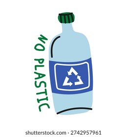 Hand drawn eco sticker featuring a reusable glass water bottle with a recycling symbol. Zero waste and environmental protection concept. Flat vector illustration isolated on white background