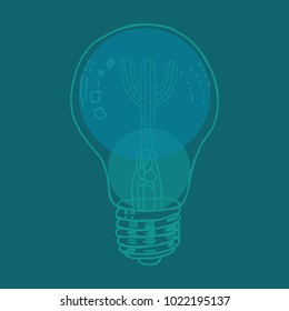 Hand drawn Ecological light bulb cactus vector in a green and teal colors palette