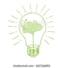 Hand drawn Ecological light bulb ginkgo leaf vector in green colors palette	
