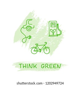 Hand drawn ecology concept with bicycle, e-car, gas station and lettering. Vector illustration.