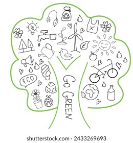 Hand drawn ecology doodle elements in the form of tree. Recycle, eco  life style concept.