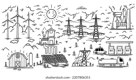 Hand drawn ecology doodle icon set of renewable energy isolated on white background.
