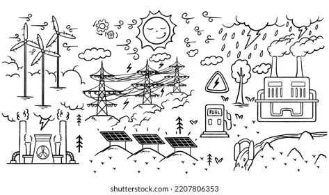 Hand drawn ecology doodle icon set of renewable energy isolated on white background.