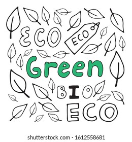 Hand drawn ecology doodle lettering with leaves, vector illustration about environment problems. Sketch elements set for graphic and web design.