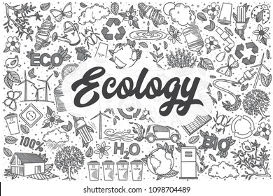 Hand drawn ecology doodle set. Lettering - Ecology