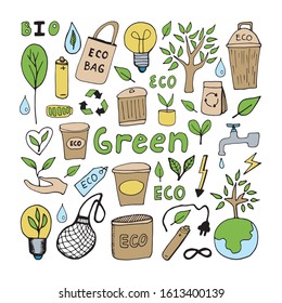 Hand drawn ecology doodle set, vector illustration about environment problems. Sketch elements set for graphic and web design. Isolated on white background.