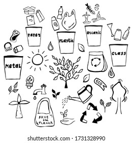 Hand drawn ecology Doodle set, vector illustration about environmental issues. A set of sketch elements for graphic and web design. Isolated on a white background.
