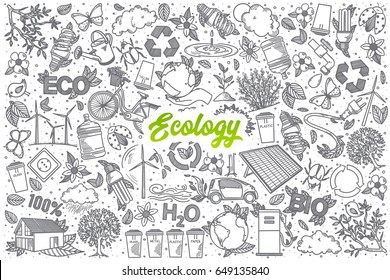 Hand drawn Ecology doodle set background with green lettering in vector