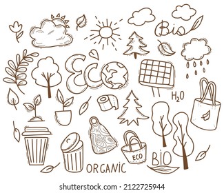 Juego de vectores de doodle de ecología dibujado a mano. Colección de íconos e íconos de energía ambiental y verde. Doodle lineal aislado, para diseño gráfico y web, diseño y decoración 
