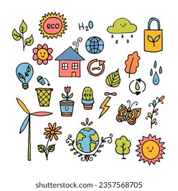 Hand drawn ecology, eco icons. Zero waste concept. Alternative energy. Ecological, green lifestyle. Vector illustration