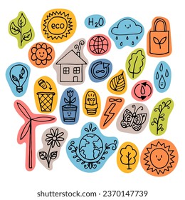 Hand drawn ecology, eco icons. Zero waste concept. Alternative energy. Ecological, green lifestyle. Vector illustration