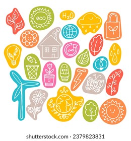 Hand drawn ecology, eco icons. Zero waste concept. Alternative energy. Ecological, green lifestyle. Vector illustration