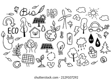 Hand drawn ecology icons set. Vector illustration - No plastic, go green, Zero waste concepts, Reduce, reuse, refuse, ecological lifestyle. Doodle eco iconsbig collection isolated on white background