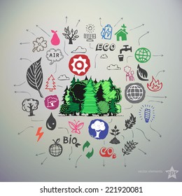 Hand drawn ecology icons set and sticker with woods. Vector