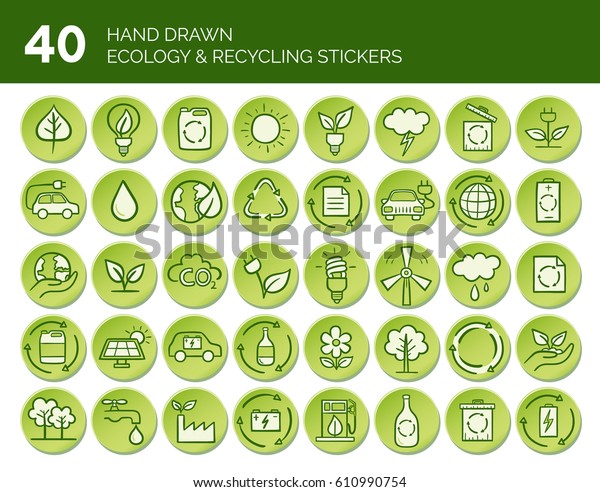 Hand Drawn Ecology Recycling Green Stickers Stock Vector (Royalty Free ...