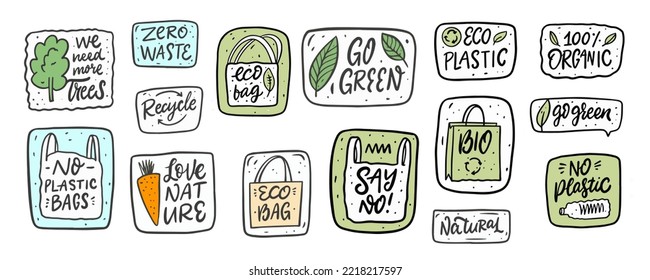 Hand drawn ecology stickers lettering phrases set. Save planet quotes vector illustration isolated on transparent layer.