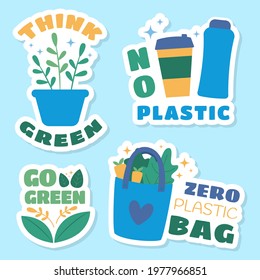 Hand drawn ecology theme concept go green no plastic decorative elements sticker set collection vector design