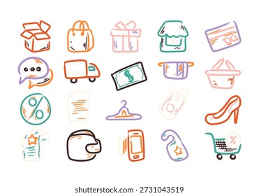 Conjunto de iconos de comercio electrónico dibujado a mano
