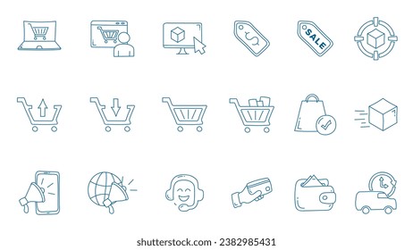 Hand drawn E-commerce line icon set. Online shopping and delivery elements. E-commerce doodle icon collections.