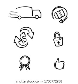 hand drawn E-commerce security badges risk-free shopping icons set doodle